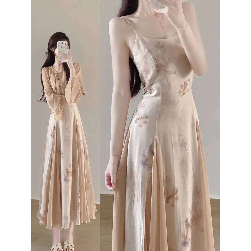 Women Khaki Cheongsam High Quality Vintage Slim Elegant Show Costumes 2 Piece Sexy Halter Dress With Coat Qipao Set MAKOUFEI