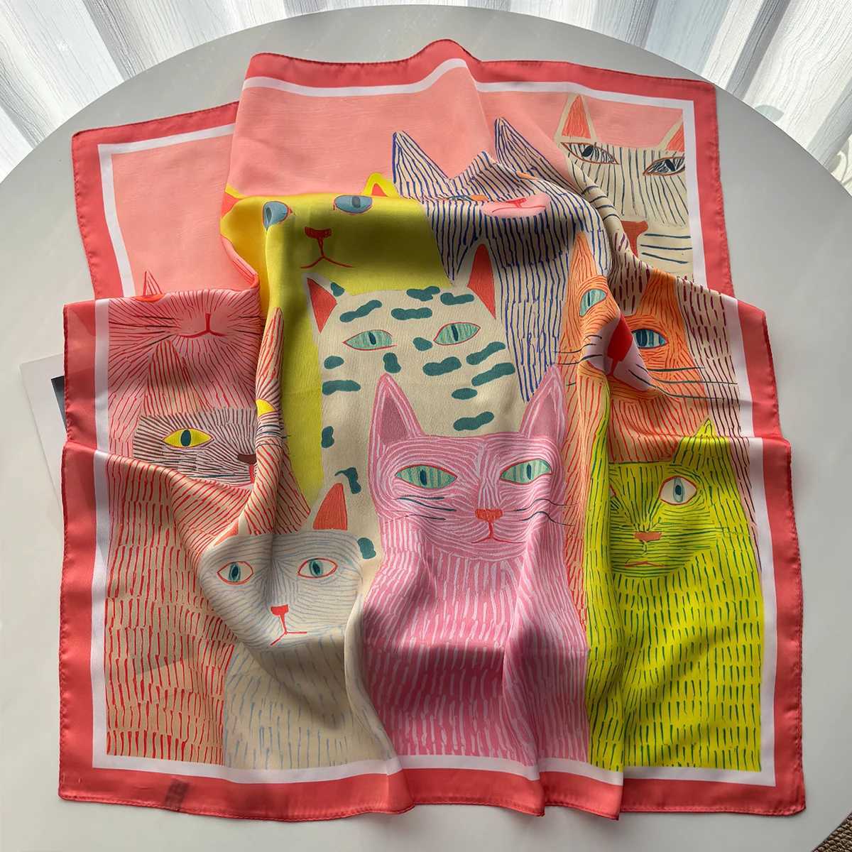 2026 Wen Square Scarf Silk Imitation Cute Cat Cartoon Print Neckerchief Bandana Lady Shawl Scarves Wrap Hair Band Ties X260328
