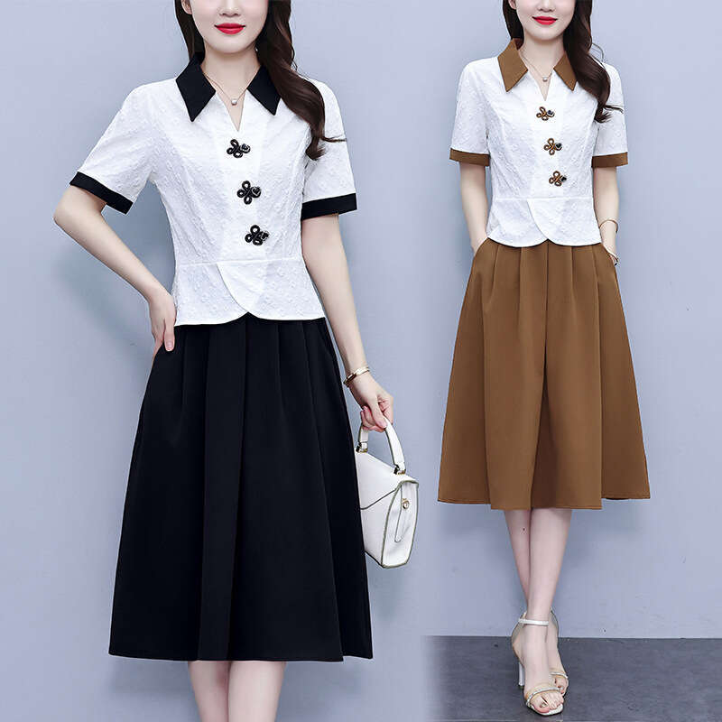 Plus-Size Women's Clothing : Stylish Button-Down Short-Sleeve Top Fashionable Age-Reducing Skirt Set For Middle-Aged Mothers Qipao Hanfu Silk