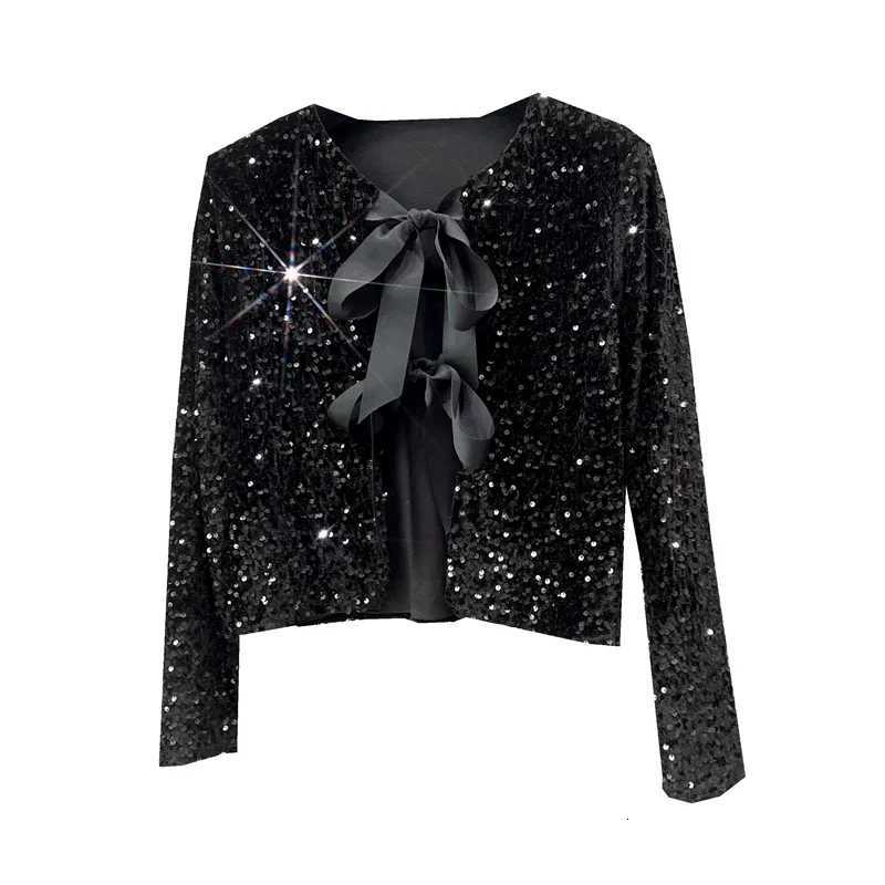 European and American Style Chic Sequined Small Suit Light and Mature Style BINGBING Sequined Lace-up Bow Top JacketT260328