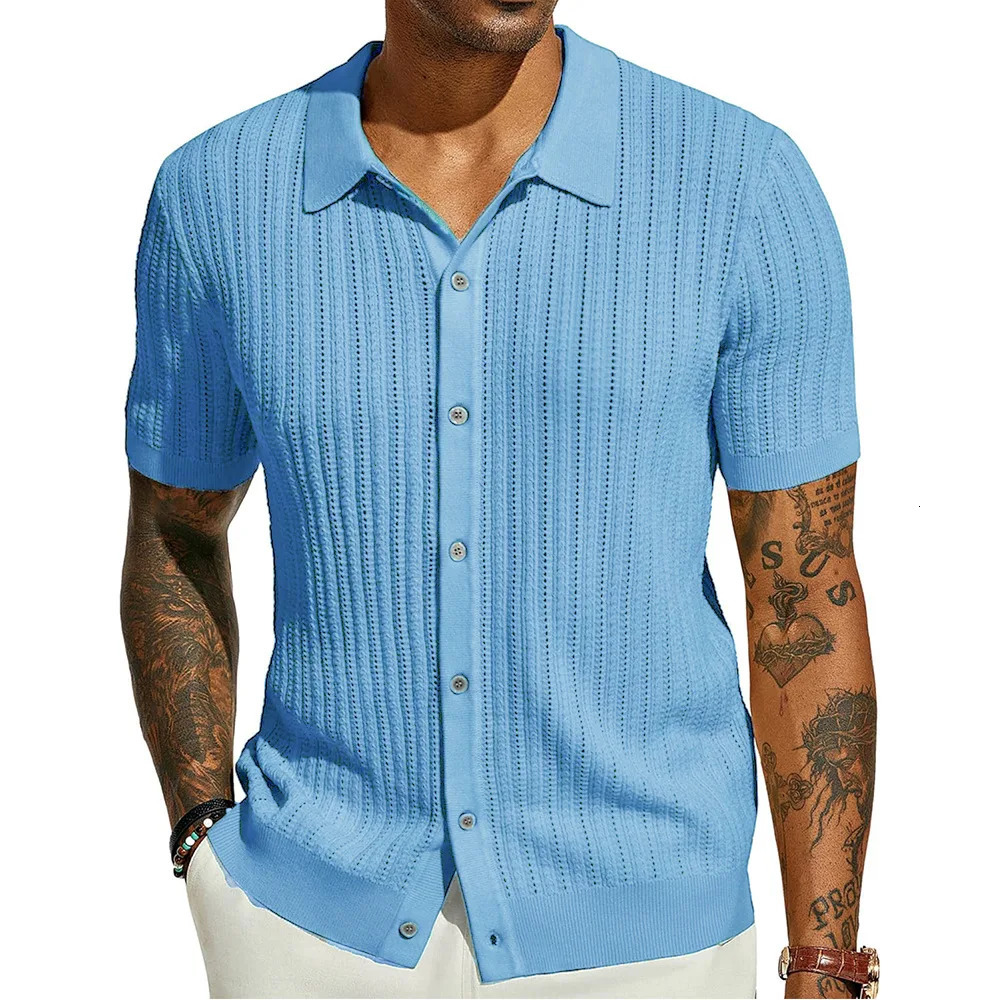 Summer Mens Casual Shirt Breathable Hollow Out Knit Shirt Short Sleeve Lapel Lightweight Top for Men European American Loose 260327