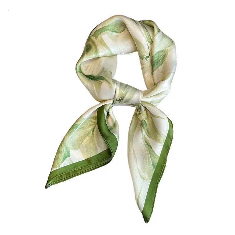 7070cm Green Floral Print Silk Square Scarf for Women Soft Head Scarves Kerchief Hairband Female Headband Hands Headscarf Hijab Z260330