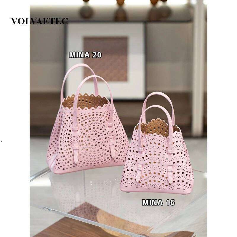 VOAETEC New Tote French Cowhide Handmade Niche Laser Flower Hollowed Real Leather Vegetable Basket Bag Retro Casual