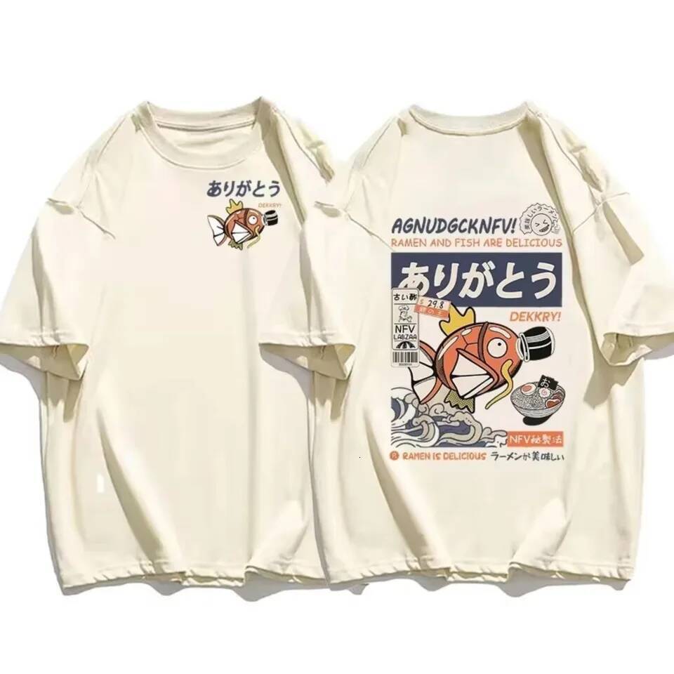 Japanese streetwear T-shirts: Men's koi fish soy sauce print Casual women's short-sleeved T-shirts for summer 2025 anime fashion Y2K clothin