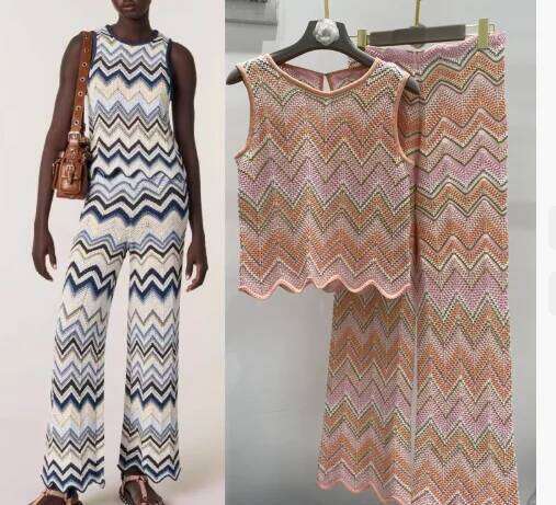 High-Version Color-Blocked Wave Pattern Thin Sexy Niche Striped Casual Pants + Tank Top Silk-Like Two-Piece Set Mdng260330