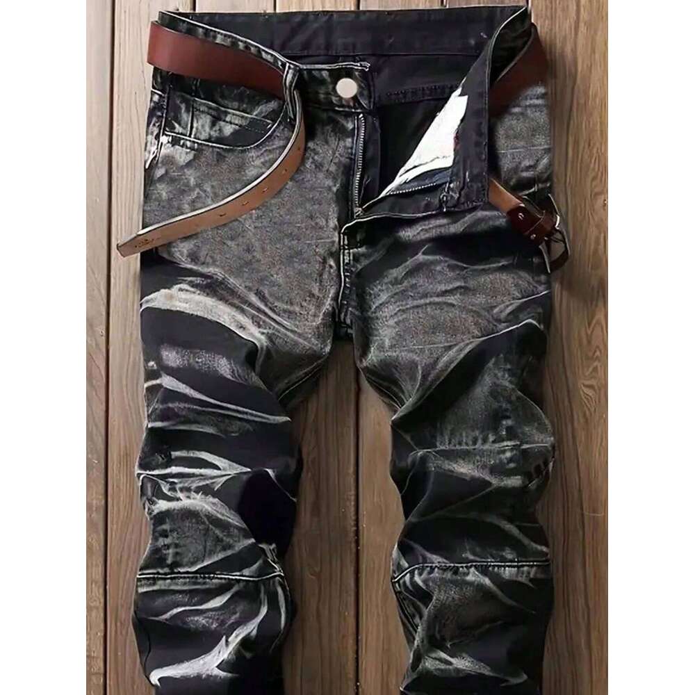 Men's Jeans Black And White Slim Fit Stretch Denim Pants Casual Mid Waist Spring Trousers 26Y0330