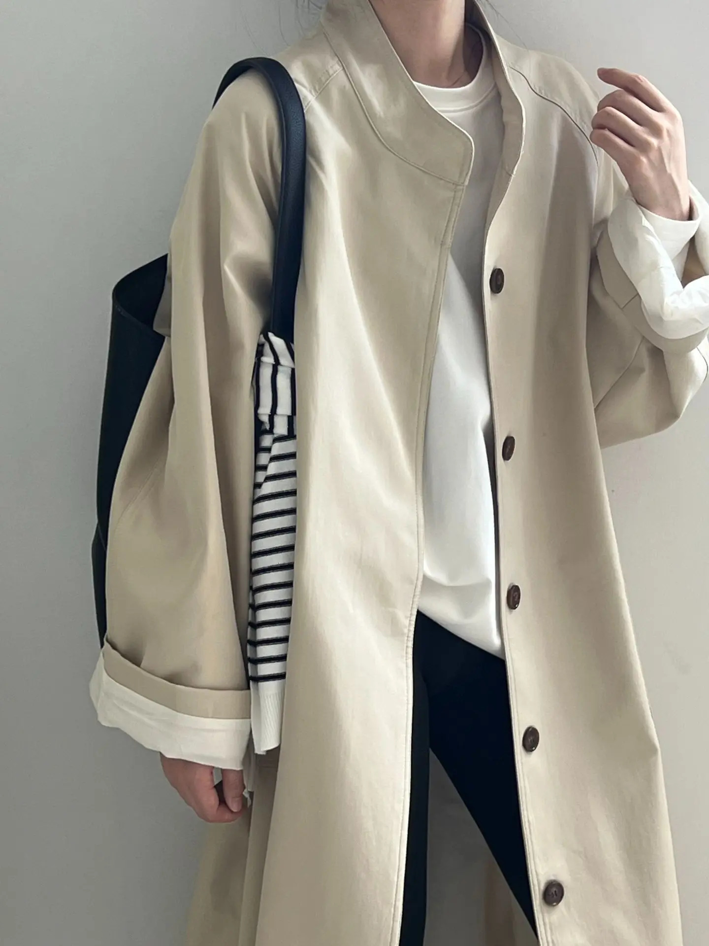 Stand Neck Long Trench Coat Women Spring Casual Turn-down Collar Single-breasted Trench Coat 260327