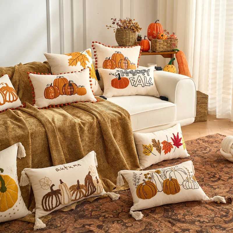 Pumpkin Tufted Velvet Throw Pillow Cover Autumn Cushion Cover Maple Leaves Pillowcase for Home Sofa Living Room Fall Decor H260330 - view 3