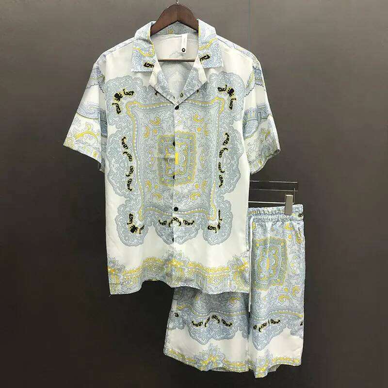 Men Hip Hop Beach Holiday Suitloose Sleeve Shirt Casual Vintage Geometric Patterns Printing Short Set