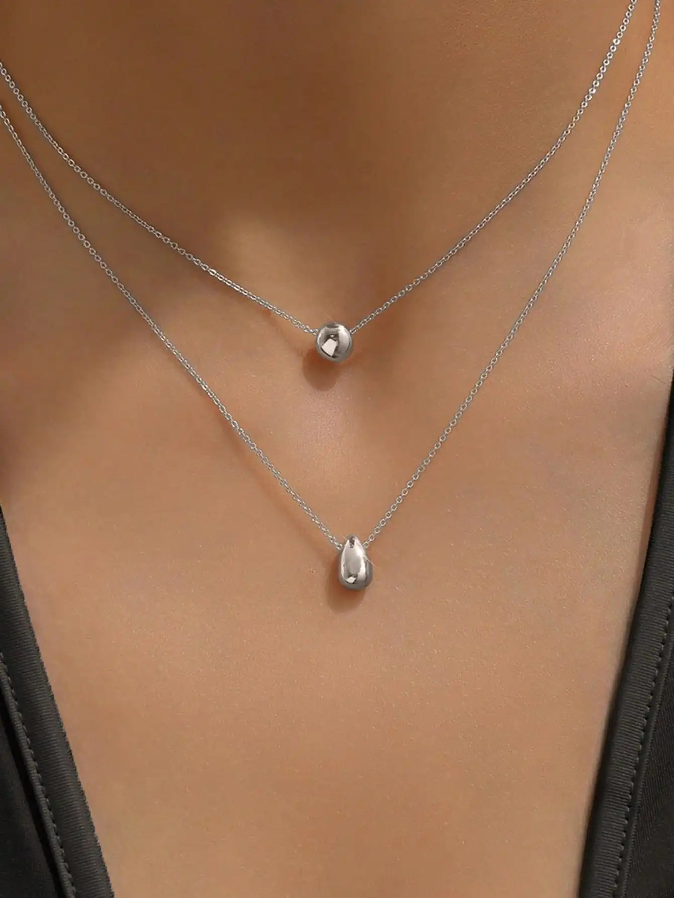 1pc Niche n Double Layer Water Drop Beaded Stainless Steel Necklace For Women Minimalist Style Womens Party 260327