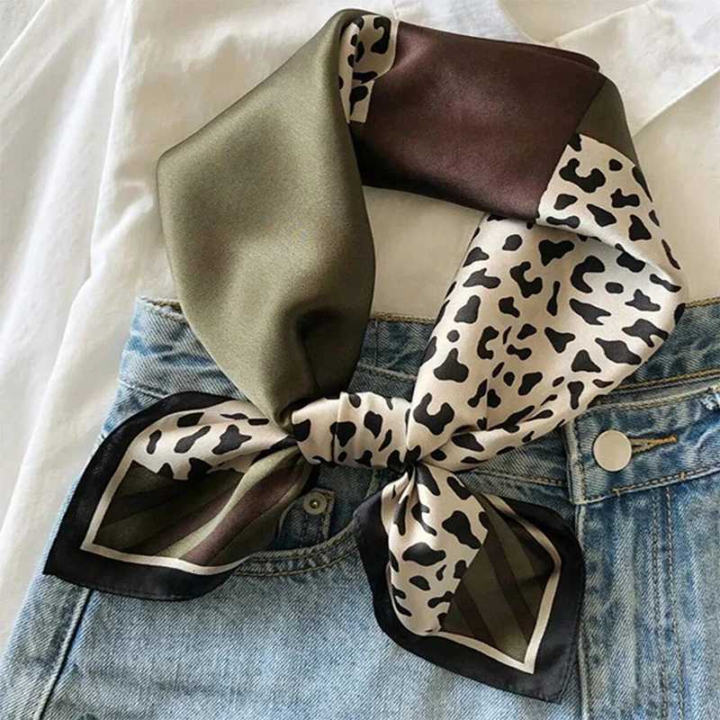 7070cm Leopard Green Brown Silk Scarf Women Simulated Silk Fresh and Elegant Versatile Headwear Clothing Bags and Square Scarf Z260330