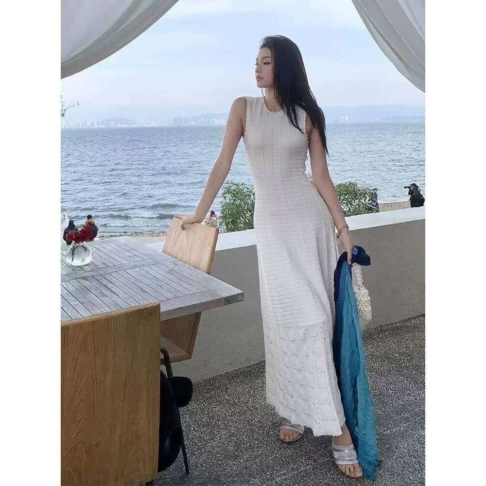 Summer 3-Piece French Style Set - Knit Maxi Dress Sleeveless Top + Cover-Up, Pearl & Hollow Out, Viscose+Nylon Mdng260330