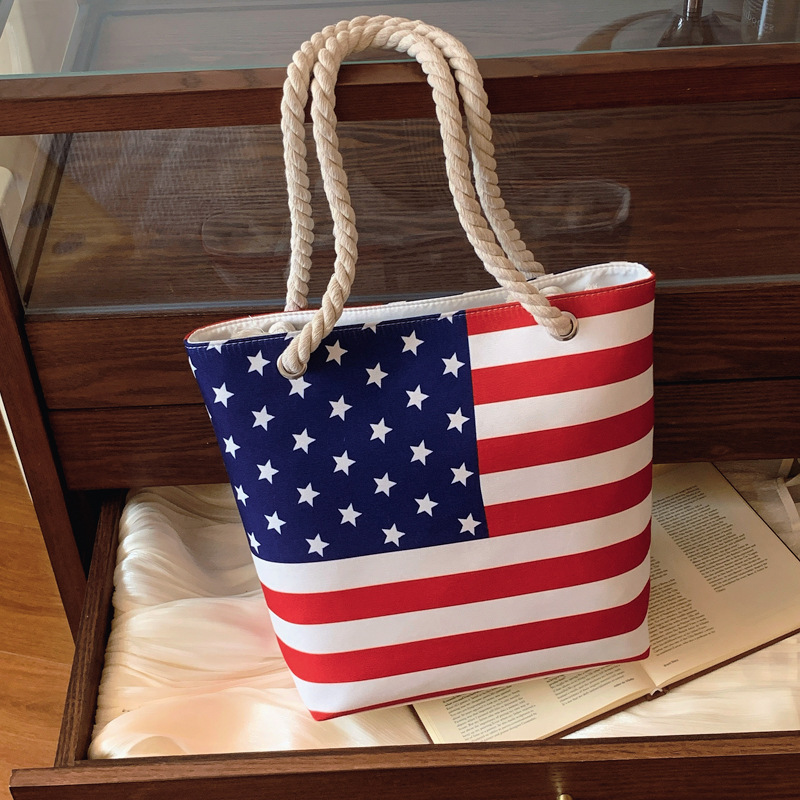 TB BHULAMTE Designer Luxury New Canvas Striped Print Shoulder Bag, Fashionable Korean-style Soft Tote Bag With American Flag Pattern, Casual Tote