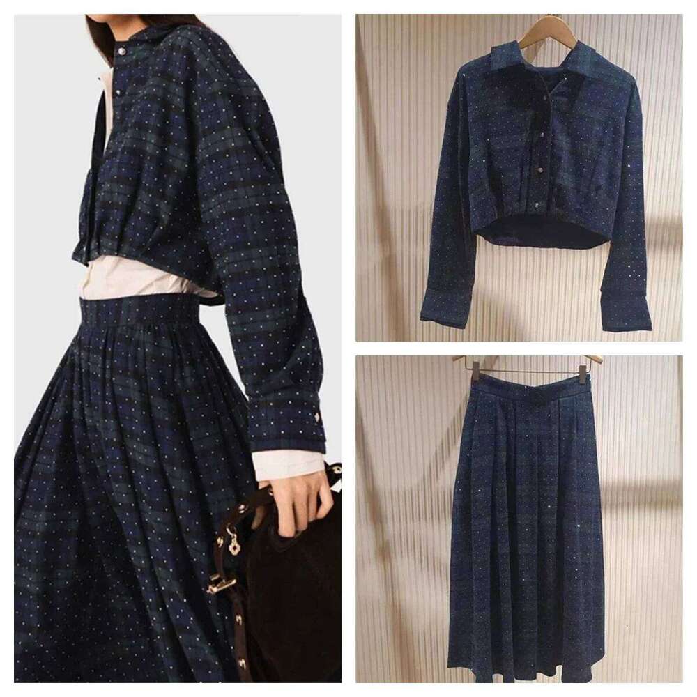 Women's Plaid Contrasting Color Top Or Midi Skirt Female Fashion Hot Stamping Blouse + Jupe 2025 New Mdng260330