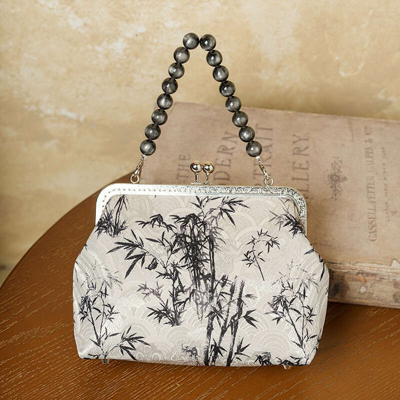 Ink-Dyed Bamboo Branch Chinese Style Hanfu Cheongsam Print Beaded Handbag Chinese Embroidery Fashion Bag Tote