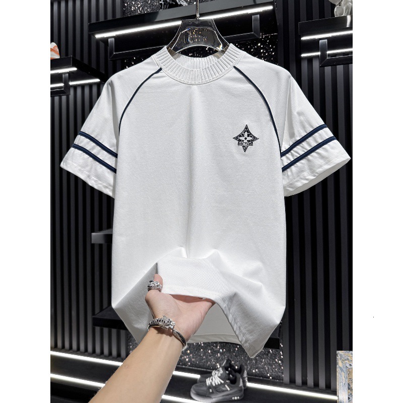 High-quality men's T-shirts 2026 Summer New Fashion American High Street Geometric Pattern Short Sleeve T-Shirt for Men, Round Neck Loose Fit Tre