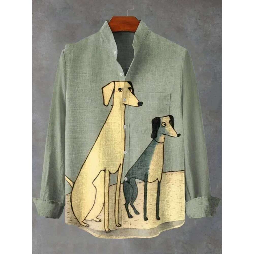 New Spring And Autumn Best-Selling Men's Long-Sleeved Comfortable Retro Kitten Pattern Art Print Shirt