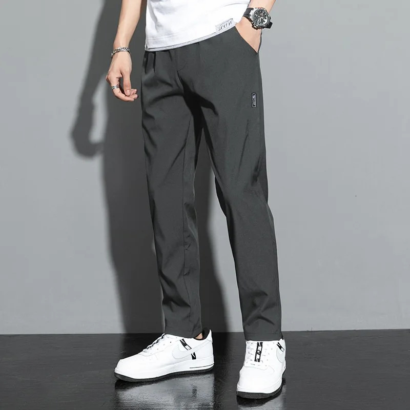 Ice Silk Mens Pants Summer Black Gray Thin Business Casual Pants Outdoor Elastic Breathable Straight Leg Sweatpants 260330