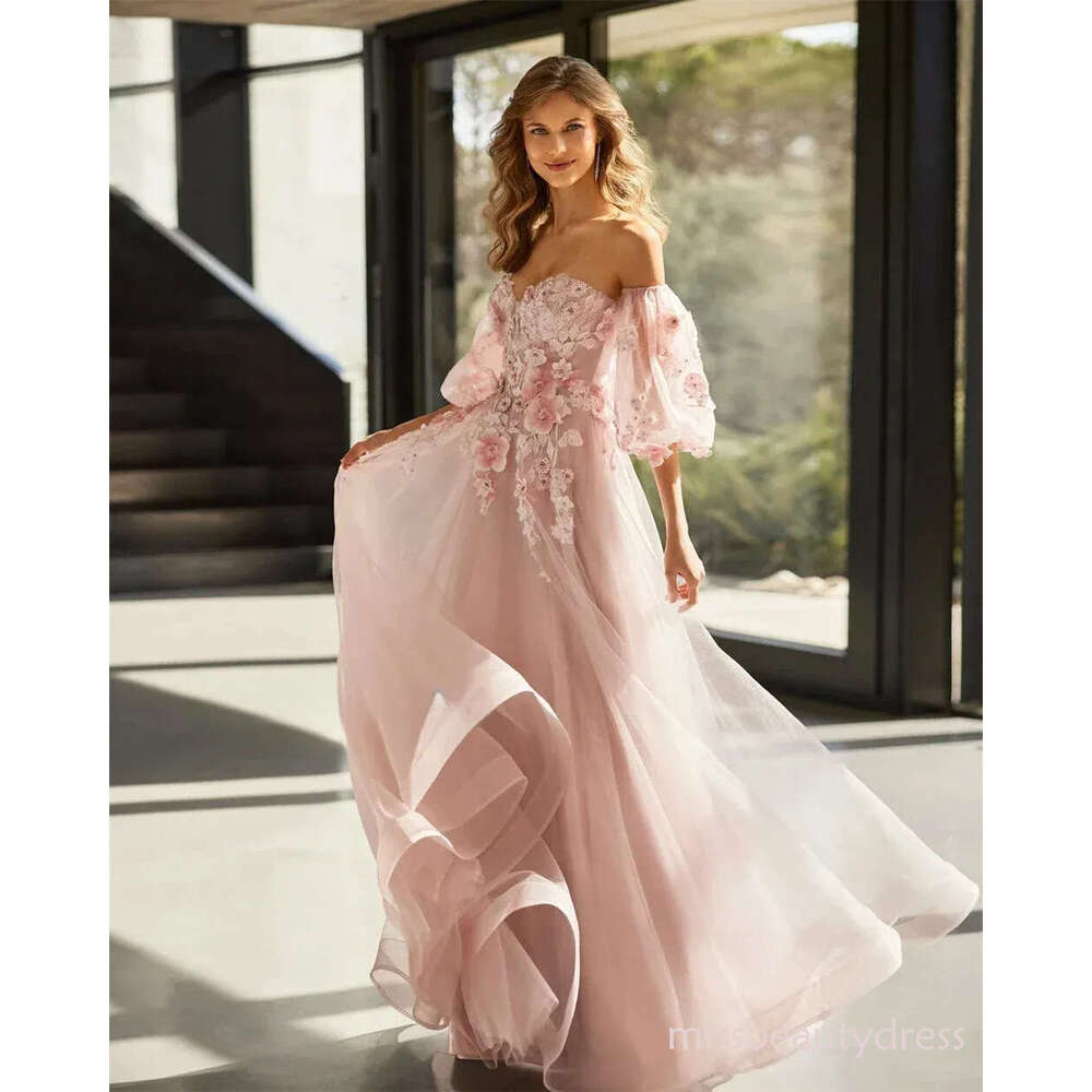 New Modern Pink Prom Party Dress 2026 Detachable Long Sleeves Sweetheart 3D Flowers Lace Appliques Tulle Evening Formal Birthday Gowns Robe De Soiree 