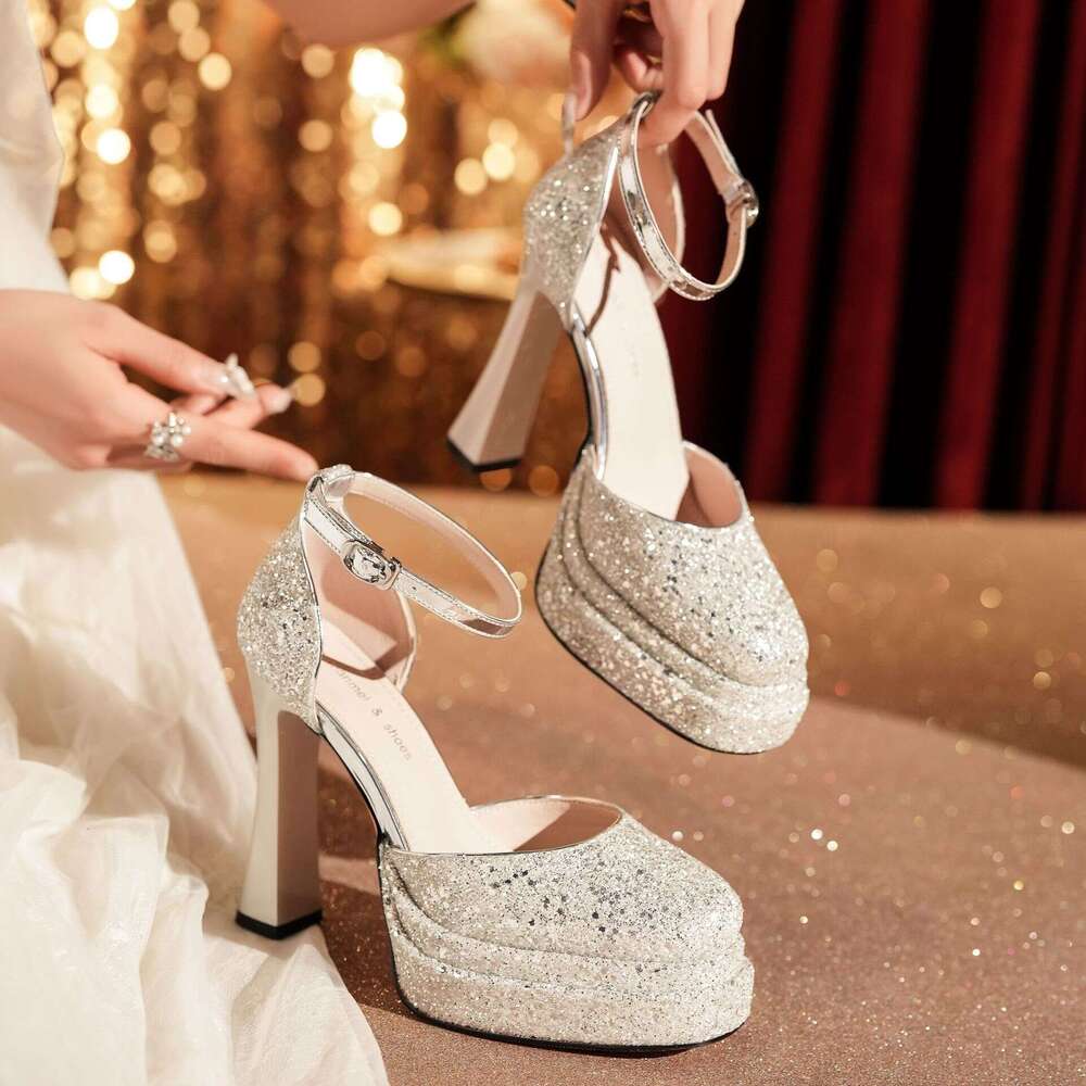 2026 Women Wedding Chunky Heel Glitter Waterproof Platform Mary Jane Lolita Hollow Dress Shoes High Heels
