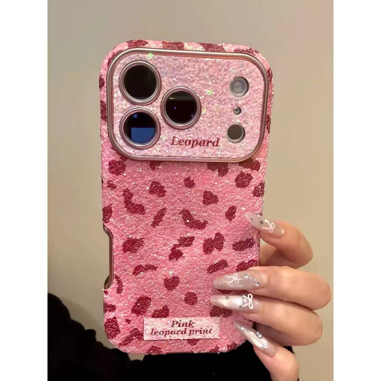Luxury Sequin Leopard Print Large Window Case For iPhone