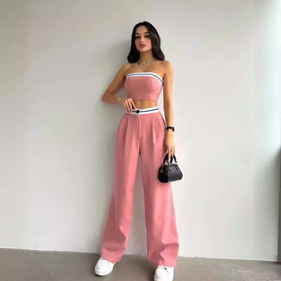 European and American Foreign Trade Women's Fashion New Hot Girl Outerwear Sports Vest Tube Top Color-Block High-Waisted Wide-Leg Pants Casual Se