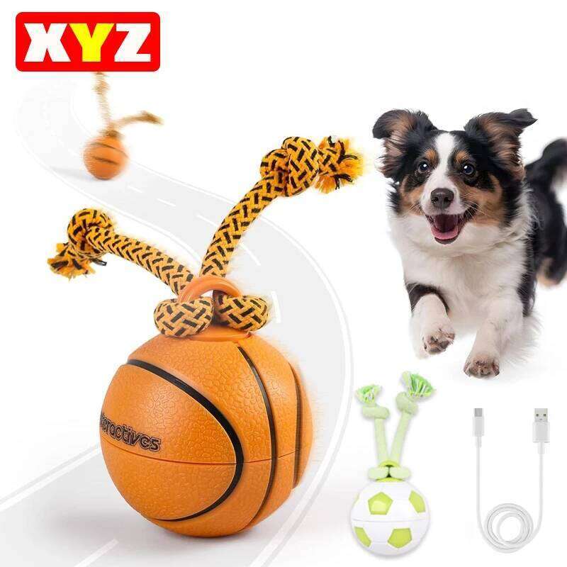 Interactive Smart Rolling Basketball Motion Activated Automatic Moving Squeaky Dog Toy Balls Puppy Chew Toys Knot Rope