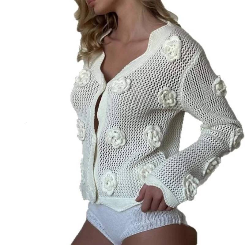 New Crochet Retro Rose Cut-out Small Smock Sweater Women's Slim and Versatile Temperament Knitted Cardigan Women