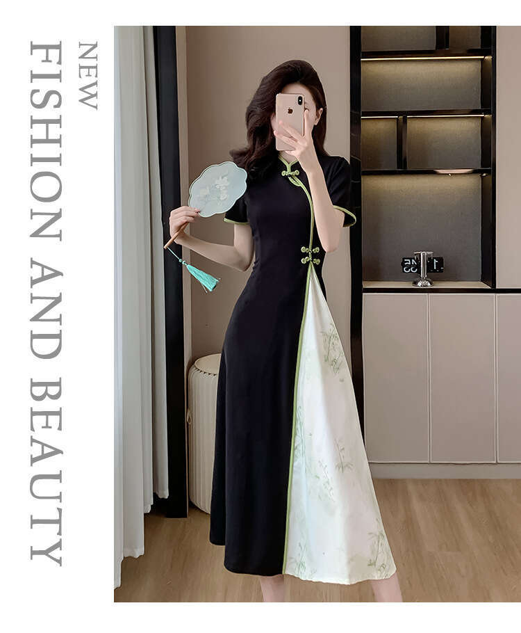 The 2026 Summer New Model: Chinese-Style Zen-Inspired Retro Modified Cheongsam, Faux Two-Piece, Waist-Cinching, Slimming, Long Dress Qipao Hanfu Silk
