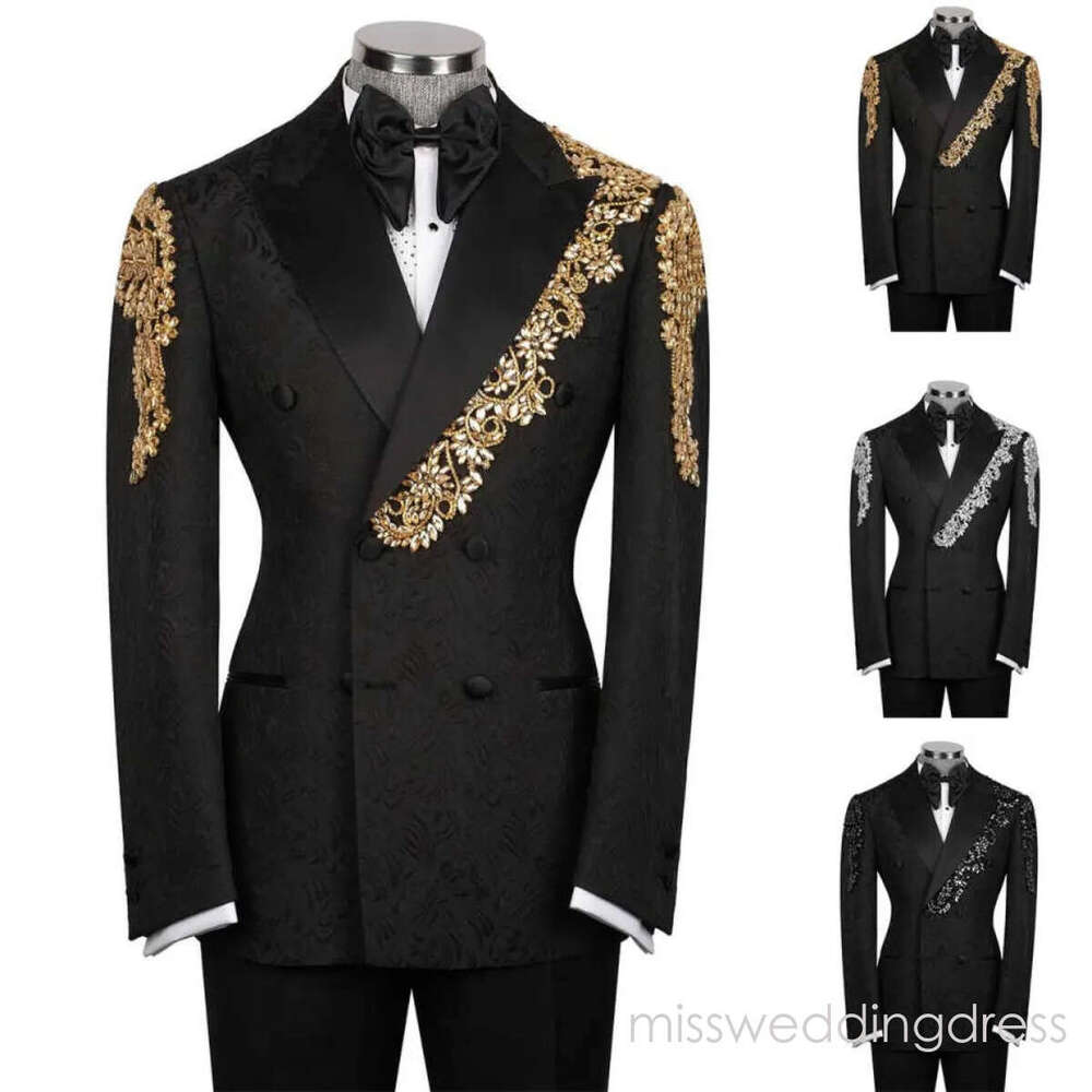 Luxury Men Suits 2 Pcs Jacket Pants Peak Lapel Appliques Rhinestones Wedding Tuxedo Groom Wear Business Prom Evening Party Customized