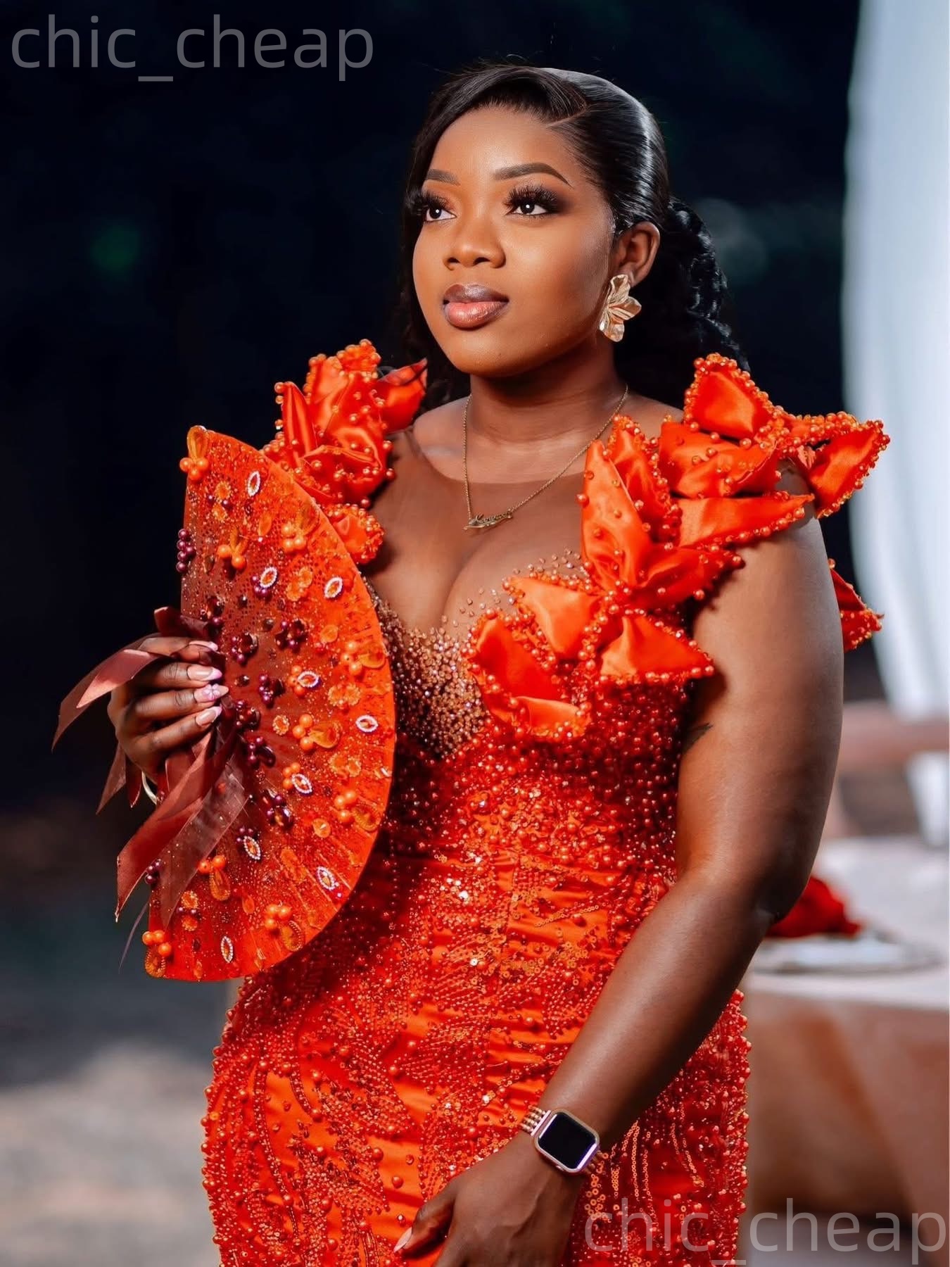 2k26 Orange Prom Dress 2026 Mermaid Florals Pearls Satin Sheer Neck Evening Dress Sequined Birthday Formal Women Pageant Dinner Party Gowns Dresses ZJ