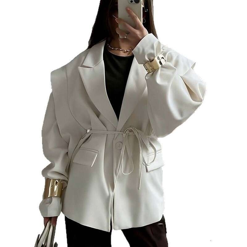 2026 New Arrival: Cross-Border European and American Foreign Trade Women's Clothing - Elegant Commuting Solid Color Belted Blazer with Suit Colla
