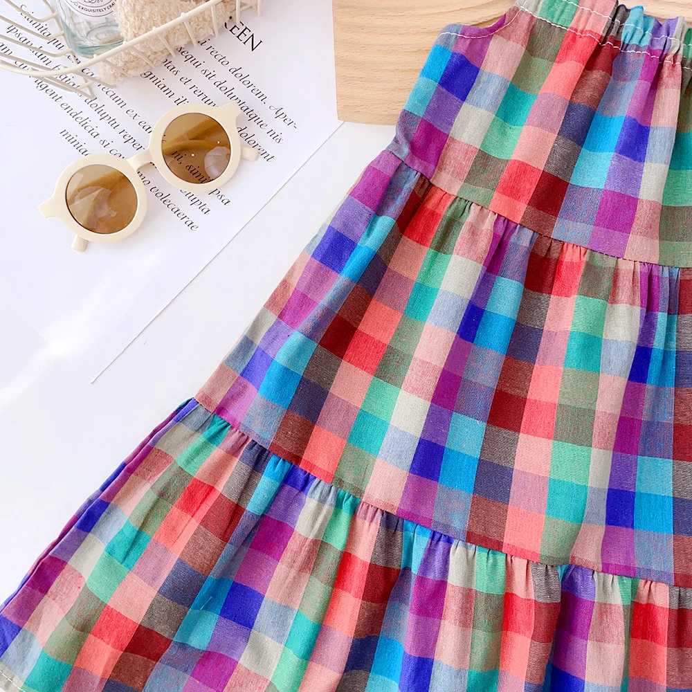 Girls Set 2023 Summer New Casual Dress Colorful Plaid Strap Dress Sleeveless Princess Dress Girls Fashion DressT260330