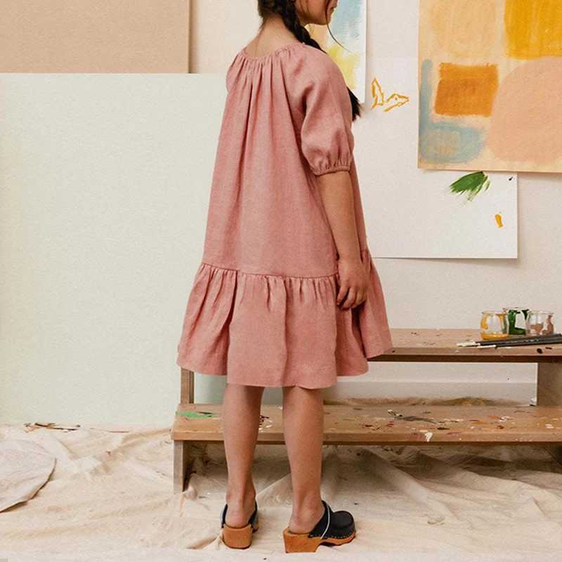 Summer Girls Soft Linen Ruffle Dress 2026 New Childrens Puff Sleeve Casual Loose Cotton And Linen Gather Dresses TZ255T260330