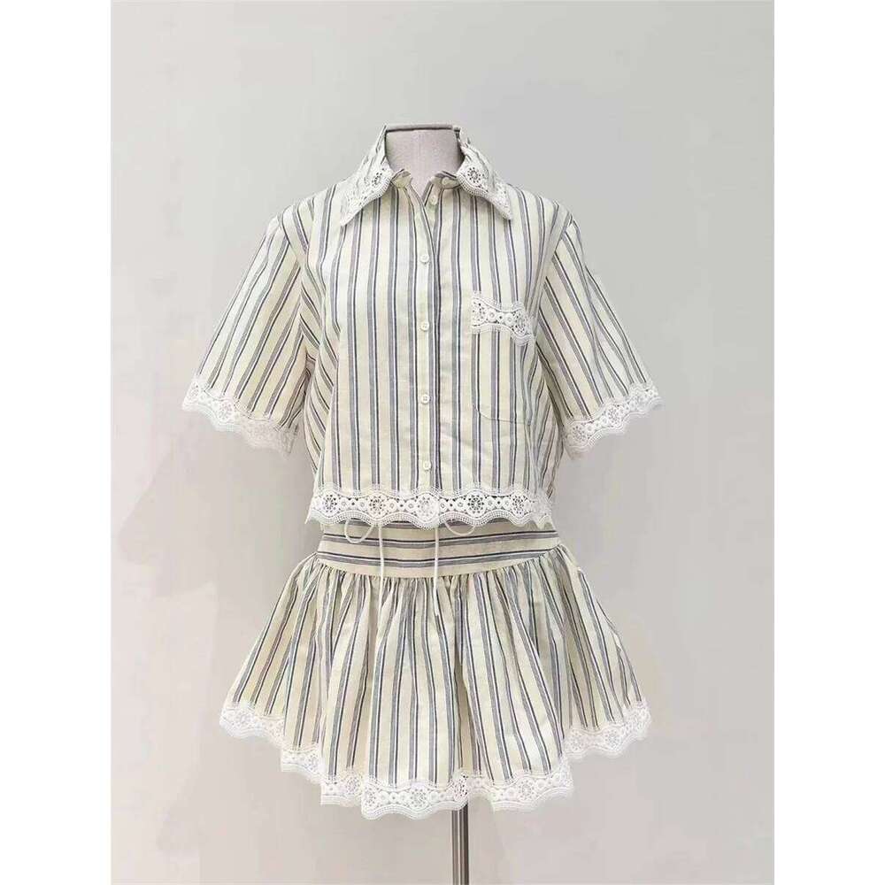 Summer Women Single Breasted Short Top + Drawstring Mini Skirt Female Stripe Embroidery Set Mdng260330
