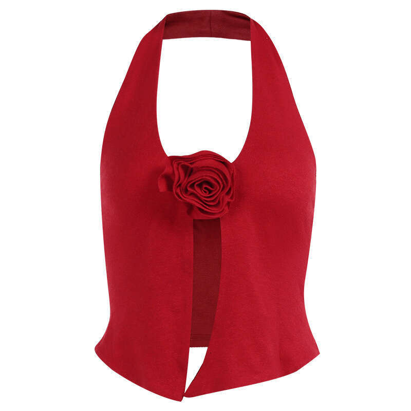 Strap Fashion Style Hot Girl Sexy Slim Fit Floral Design Halter Neck Knitted Vest Top For Women