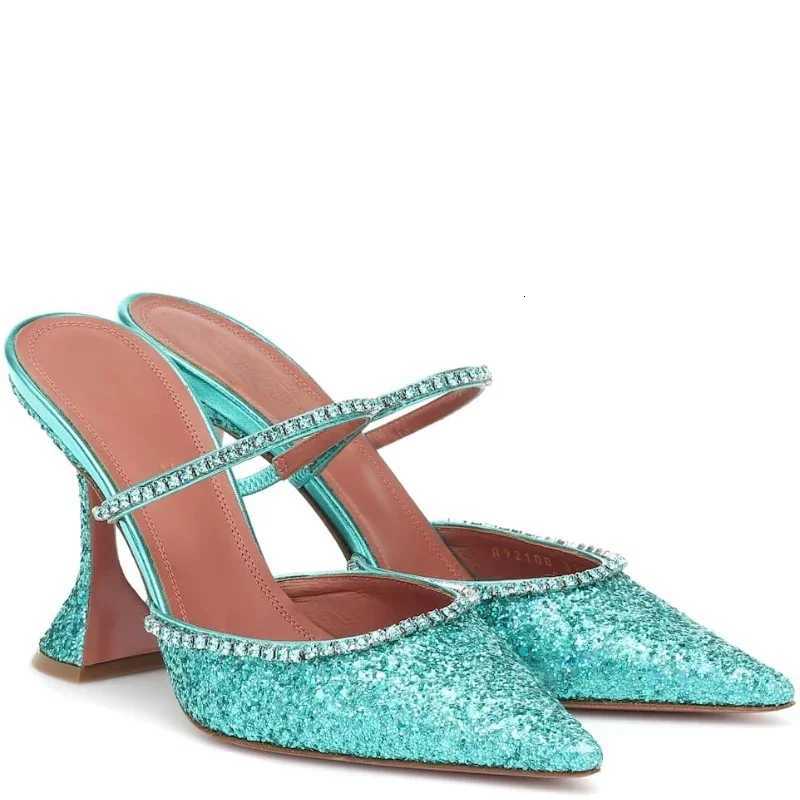 2024 Summer New Pointed Toe Rhinestone Sequined Stiletto Slippers Leopard Print Baotou Half Drag Sandals Z260330