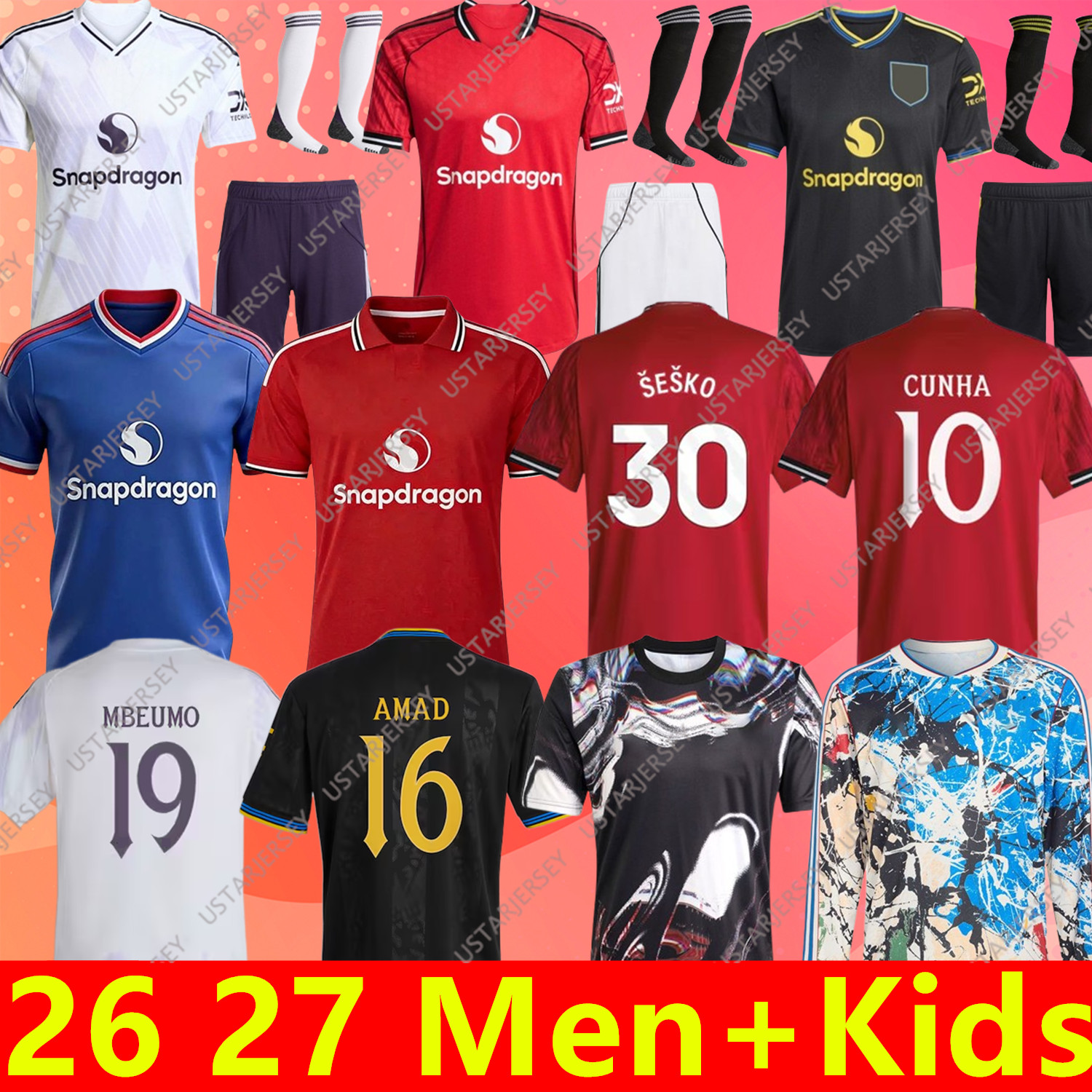 Stone Roses 26 27 MAN CUNHA Soccer Jersey AMAD SESKO MAINOO YORO unted football shirts MARTINEZ B.FERNANDES player MBEUMO Kids Child kit Long short Manchester jerseys