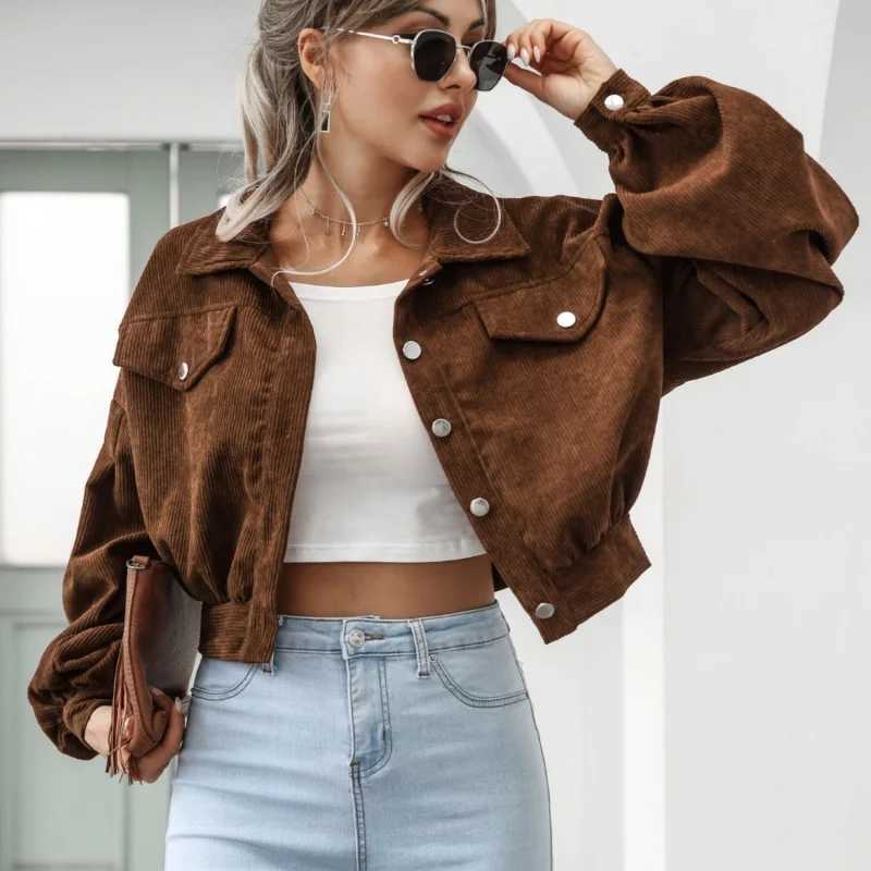 Winter Lantern Sleeve Jackets for Women Autumn Bomber Jacket Corduroy Vintage Outwear Fashion CoatT260328