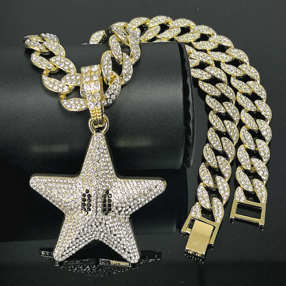 Bestseller Alloy Full-Diamond Multi-Color Pentagram Pendant Hip-Hop Trendy Cuban Chain Necklace