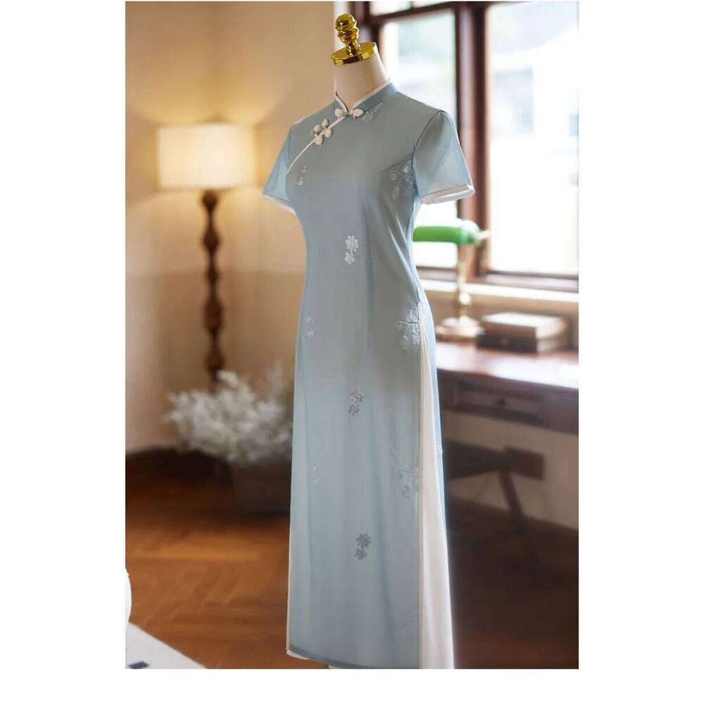 New Women Blue Long Cheongsam Summer Short Sleeve Elegant Vintage Embroidery Dress Gentle Qipao S To 2Xl High-Fashion MAKOUFEI