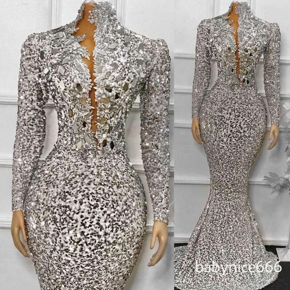 African Silver Sequins Mermaid Formal Evening Dresses With Long Sleeves High Neck Plus Size Sparkly Beaded Prom Pageant Gowns Robe De Soiree