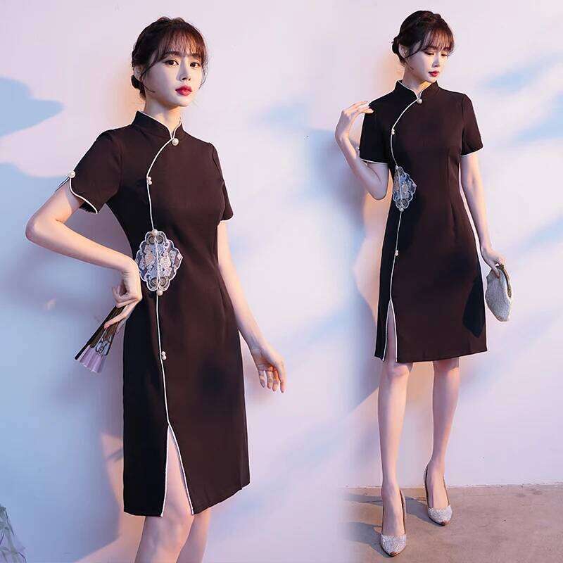 Traditional Chinese Red Black Apricot Embroidery Cheongsam Summer Short Sleeve Young Dress Modern Qipao New Year CNY MAKOUFEI