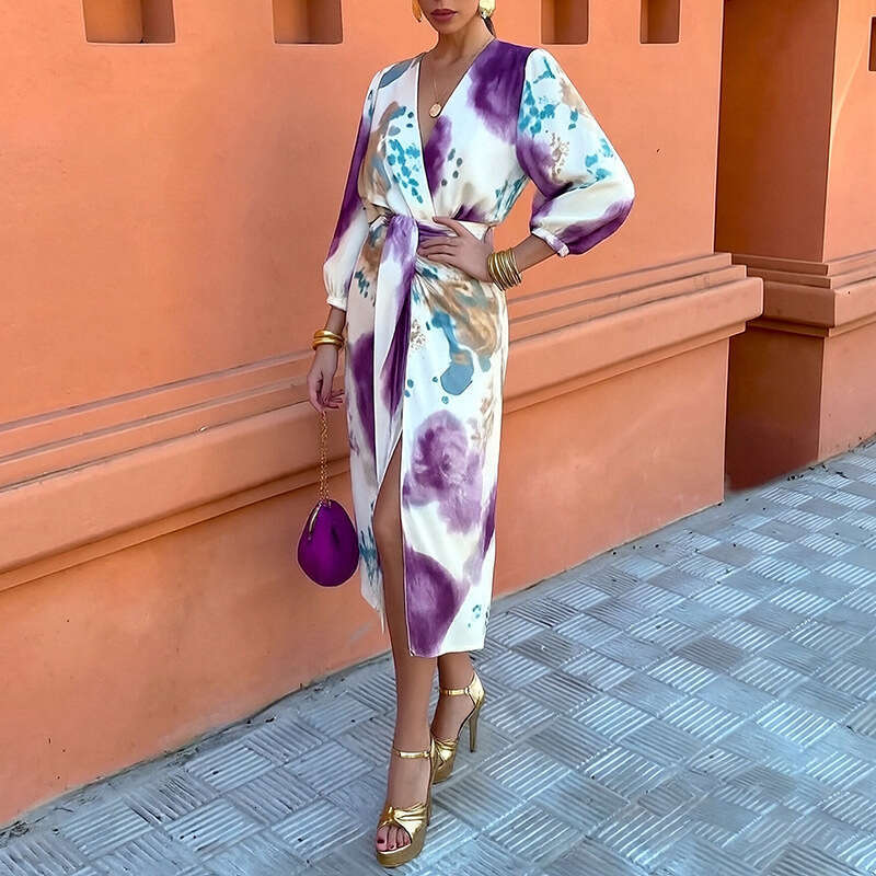2026 Spring New Collection: Cross-Border European American Foreign Trade Women's Clothing, Sexy and Elegant V-Neck Printed Slim-Fit Casual Suit