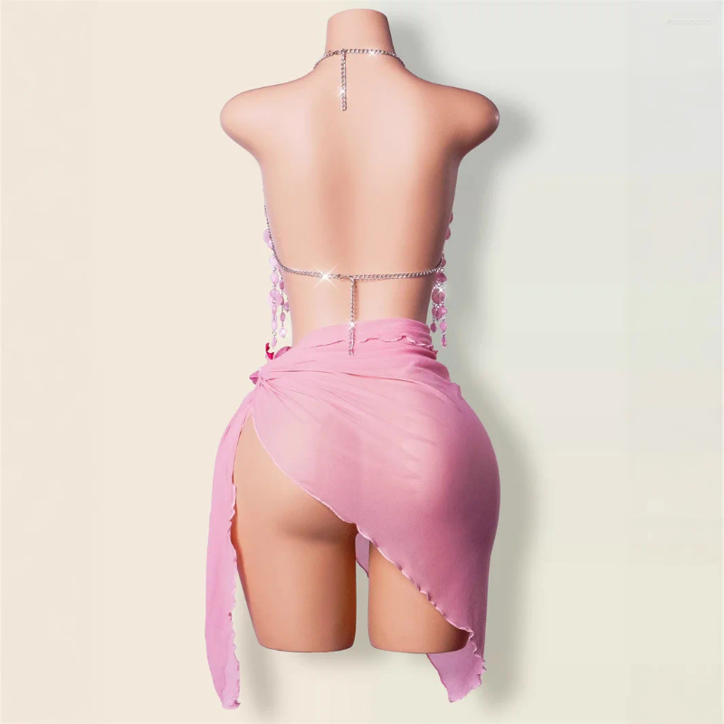 Women's Swimwear Pink PVC Hollow Out Bra Chain Metal Halter Tops Camis Sexy Backless Acrylic Beading Tassel Breast Party Night Clubwear