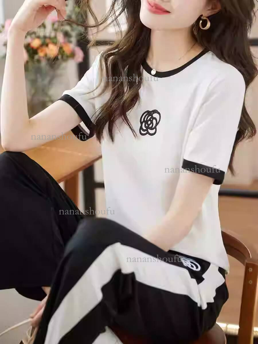 2026 Designer Sports Suit Luxury Brand Classic Fashion Print Black And White Outdoor Leisure Sports T-shirt Summer Slimming Youth Wide Leg Pants Two-p