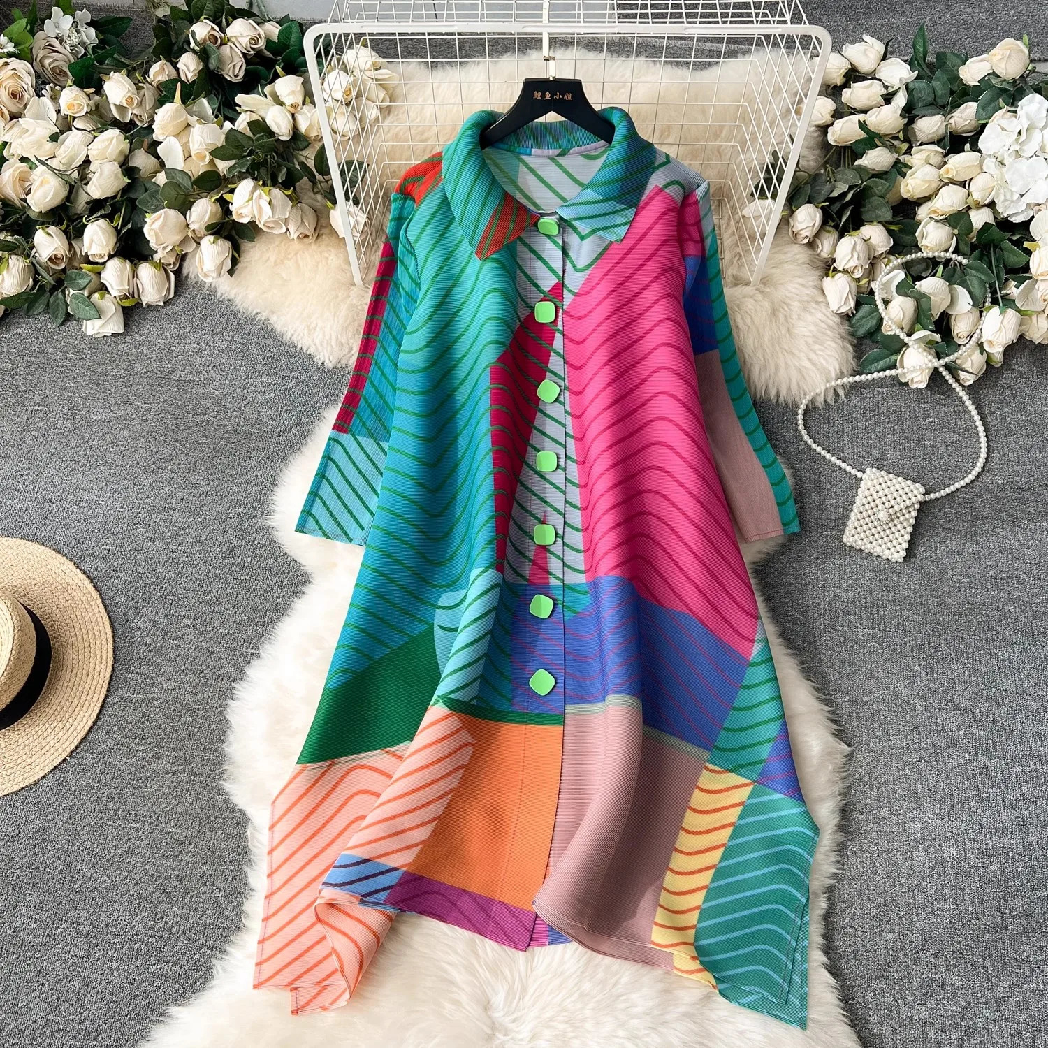 Miyake Pleated Drape Dress Women Spring Summer Colorblock Printing Lapel 34 Sleeve Single-breasted Fashion Shirt Dresses 260324