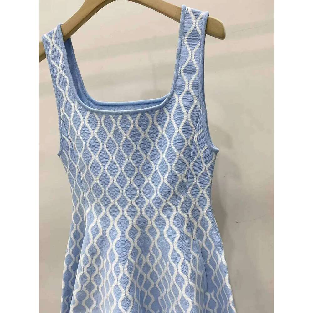 Women's Geometric Jacquard Knit Tank Dress Sweet High-Waisted Blue Or Black Sleeveless A-Line Short Robe Mdng260330