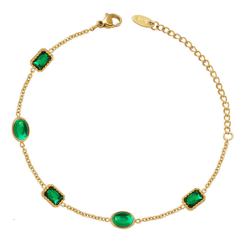 Chinese Retro Palace-style Square Green Zircon Titanium Steel Bracelet, Elegant And Delicate Metal Jewelry
