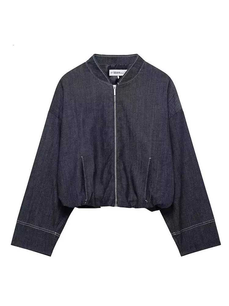 HH New Street Fashion Denim Bomber Jacket For Women Solid Color Stand Collar Zipper With Pocket Balloon Style Causal CoatsT260328